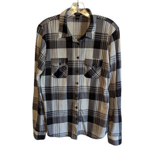 JUSTIFY Shirt Womens L Black White Plaid Button Up Check Prairie Boho Cowgirl